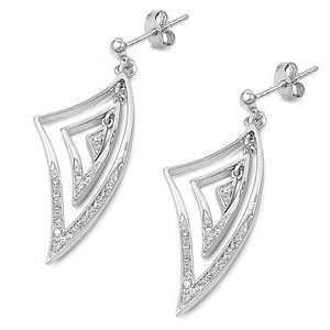  Sterling Silver & CZ Triple Triangle Dangling Earrings 