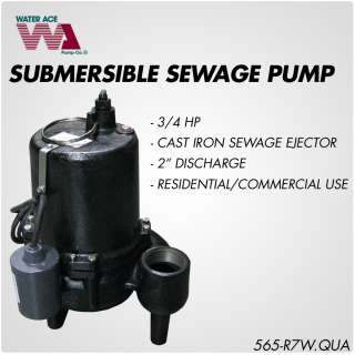 Water Ace 565 R7W Submersible Sewage Pump, 2 Discharge, 3/4 HP, 115 