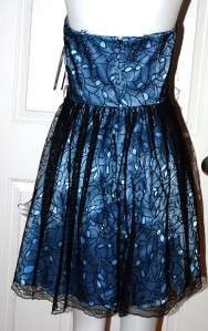 New $199 Adrianna Papell Strapless Party Dress Blue Coctail with Black 
