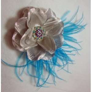  Silver Flower with Blue Feather Hair Clip 