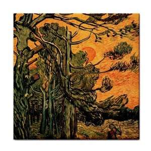 Pine Trees against a Red Sky with Setting Sun By Vincent Van Gogh Tile 