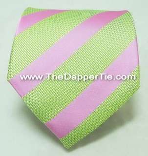 Mens Striped Pink & Green 100% Neck Silk Tie Set 73F  