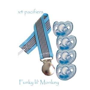  4 Gumdrop Pacifiers + Blue Stiped Pacifier Clip Baby