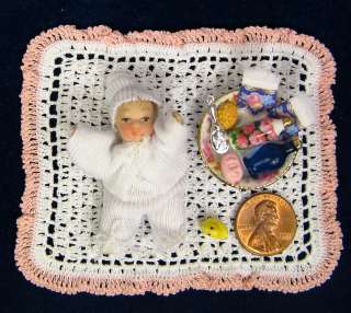 Tiny REUTTER BABY DOLL SET with BLANKET~infant~dollhouse miniature 
