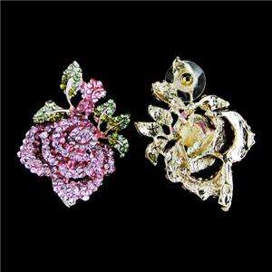 Flower Rose Pierced Stud Earring Pink Austrian Rhinestone Crystal 