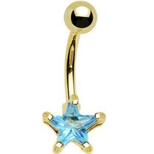  Gold Plated Belly Button Navel Ring with Aqua Cz Star Non 