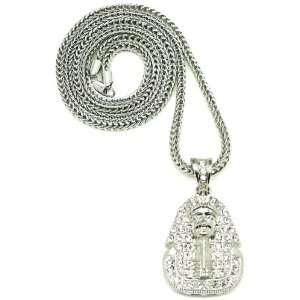 Pharaoh Iced Out Pendant Necklace All Silver With Franco Style Chain 