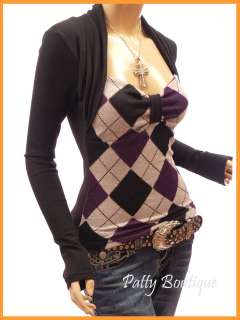 Smart Checkers Bolero Style Long Sleeve Knit Top  