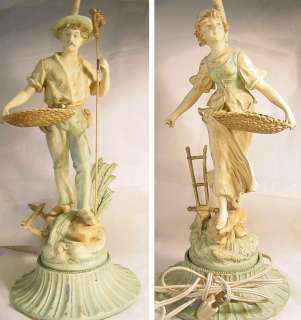 Pair Francaise Paris French Spelter Peasant Couple Lamps Foundry Mark