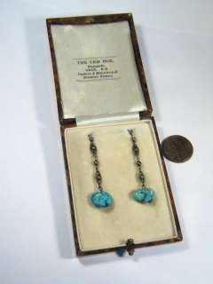 ANTIQUE SILVER TURQUOISE ARTS CRAFTS EARRINGS c1920  