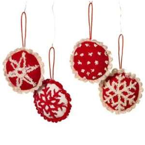  Set of 4 Chenille Pillow Ornaments Red White Snowflake 
