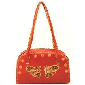  Red ~ Leather Floral Embossed Handbag ~ Braided Straps 