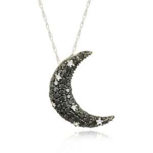 10k White Gold Moon Star Black and White Diamond Pendant Necklace (9 