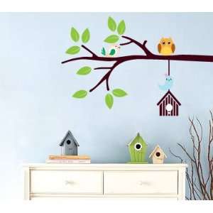   tree branch with hanging bird house owl and birds Vinyl wall decal