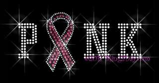 PINK LETTER WITH BREAST CANCER RIBBON RHINESTONE IRON ON TRANSFER HOT 