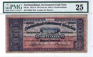 1912 13 Newfoundland 50 Cents Note PMG VF 25  