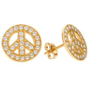   Peace Sign Cubic Zirconia Paved 14k Yellow Gold Stud Earrings Jewelry