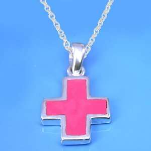   925 Sterling Silver Inlaid Pink MOP Cross Gems Pendant 