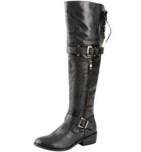Womens Knee High Leather Buckle Tall Boots Black Tall  