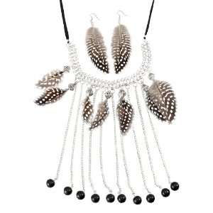   Black and White Spotted Feather Fashion Necklace/Earring Set Jewelry
