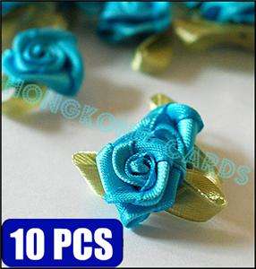 10 Blue Rose Satin Ribbon Flowers Applique Trim Organza  