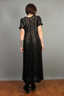 vtg 80s SHEER Floral LACE Crinkle ASYMMETRIC Gypsy Draped Sweep Maxi 