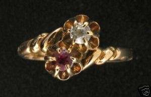   1900s 14K ROSE GOLD OLD MINE DIAMOND & ROUND OLD CUT RUBY BYPASS RING