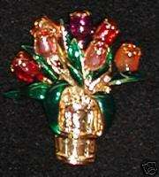 Tulip Flower Arrangement Gold Vase Pin Brooch Crystal  