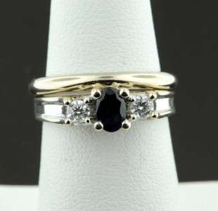 SAPPHIRE SOLITAIRE AND DIAMOND ENGAGEMENT WEDDING RINGS 14K WHITE GOLD 