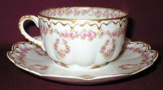HAVILAND LIMOGES #319 PINK ROSE GARLAND CUP & SAUCER W/DOUBLE RUFFLE 