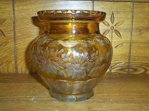 Beautiful Antique Amber Cut To Clear Floral Glass Vase  