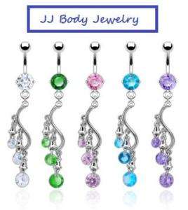 6mm CZ/3 Tier Bells with CZ Navel Belly Ring Dangle  