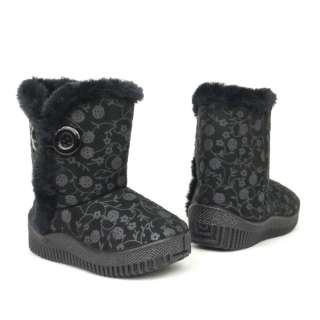 Baby Infant Toddler Faux Suede Black Flower Print Boots / button 