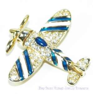   Figural Petite Airplane Gold Tone Blue Enamel Rhinestone Pin  