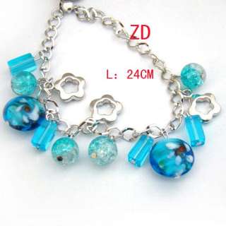 A0221 Blue Lampwork Glass Crystal Beads Flower Bracelet  