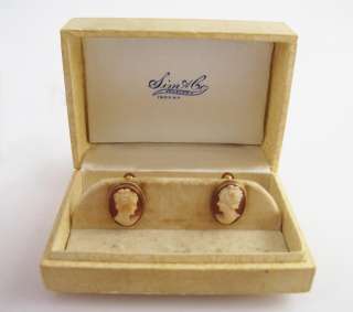 Antique Early 20c Elegant Pair Carved Shell Cameo Gold Earrings Cased 