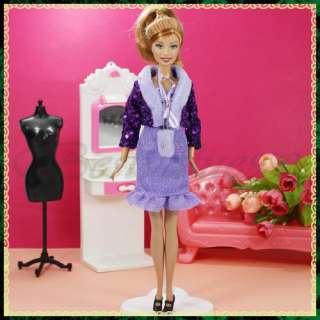 Purple Party Dress Coat Shoes Bag Outfit Set For Barbie  