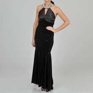 NV Couture Womens Black Velvet Embellished Halter Gown   