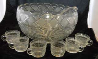   GLASS PRESSED EAPG HOLIDAY POINSETTIA PUNCH BOWL LADLE CUPS 20 PC