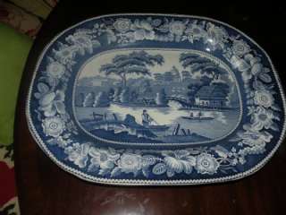ANTIQUE STAFFORDSHIRE WILD ROSE PLATTER 18 X 14 1/4 BLUE AND WHITE 