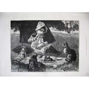  1884 Fine Art Little Girl Picnic Doll Cat Country Trees 