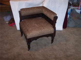 Walnut Carved Eastlake Corner Chair Parlor Chair brown chenille  