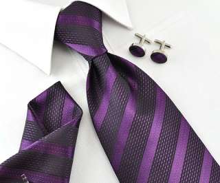   Handmade Woven silk Mens Tie Stripes Necktie set Cufflinks Purple 38