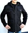 New Mens Guess Wool Coat Jacket Peacoat Black Hooded Detachable Hood 