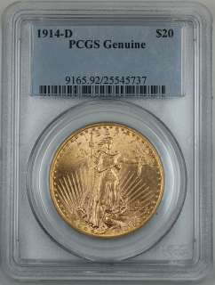 1914 D $20 St. Gaudens Gold Double Eagle, PCGS Genuine (Choice BU 