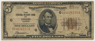 1929 $5 Chicago Federal Reserve Bank Note   VG   FR #1850G   Brown 