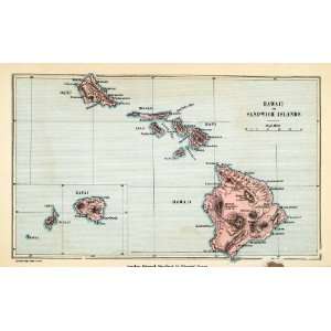 1879 Lithograph Hawaii Sandwich Islands Maui Kauai Molokai Map Oahu 