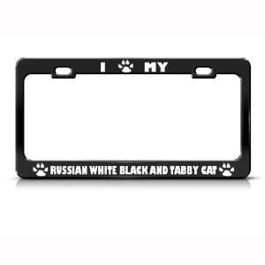 Russian White, Black And Tabby Cat Metal License Plate Frame Tag 