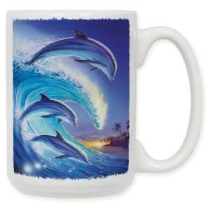  Dolphins in the Wave 15 Oz. Ceramic Coffee Mug Kitchen 