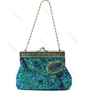 Classic Peacock Sequin Feather Style Beaded Evening Handmade Handbag 